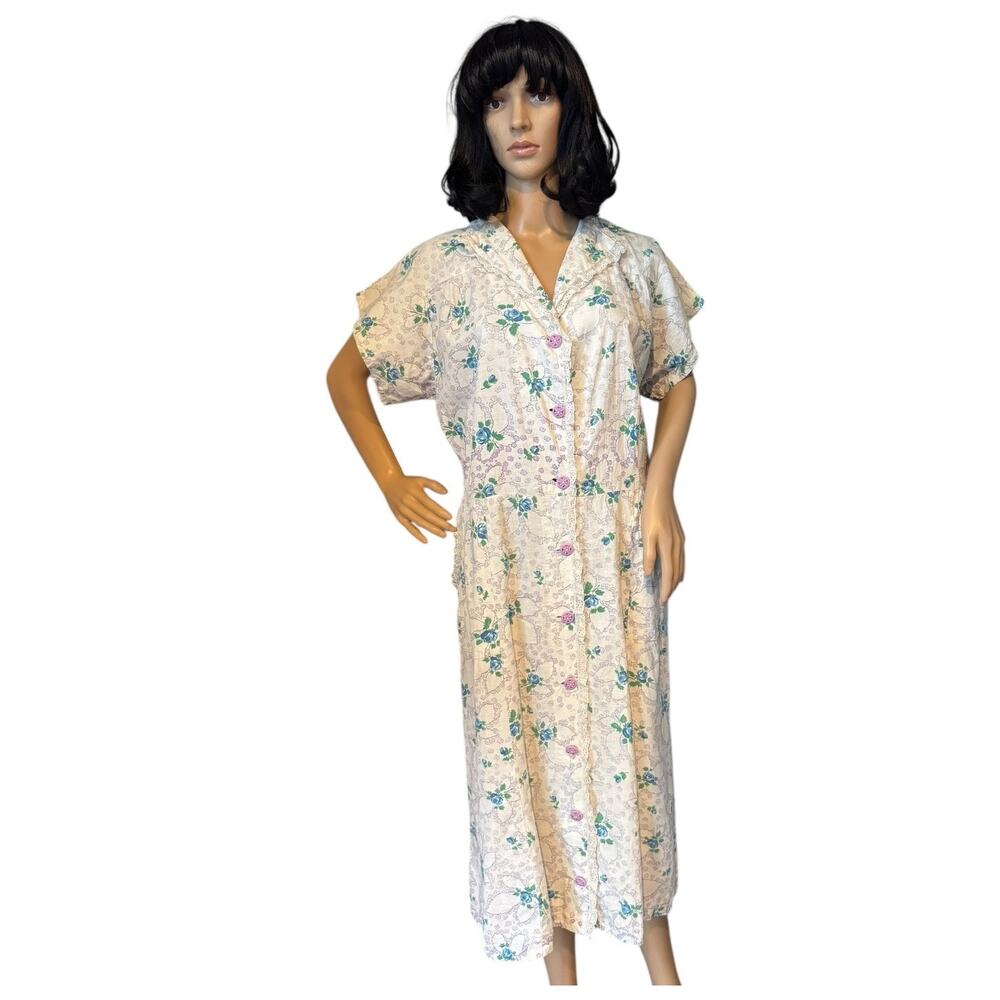 1950s Handmade Floral Day Dress Blue Rose Eyelet Trim Medium - Picture 7 of 16